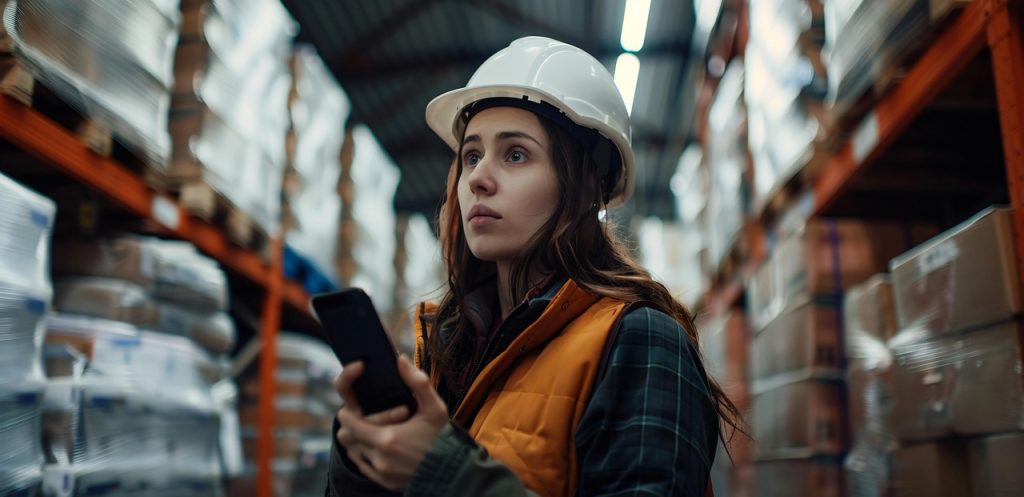 ai generated, woman, warehouse, safety, helmet, reflective, vest, smartphone, navigation, shelves, goods, industry, logistics, storage, work, employee, professional, technology, mobile, inventory, industrial, distribution, operations, safety-gear, worker